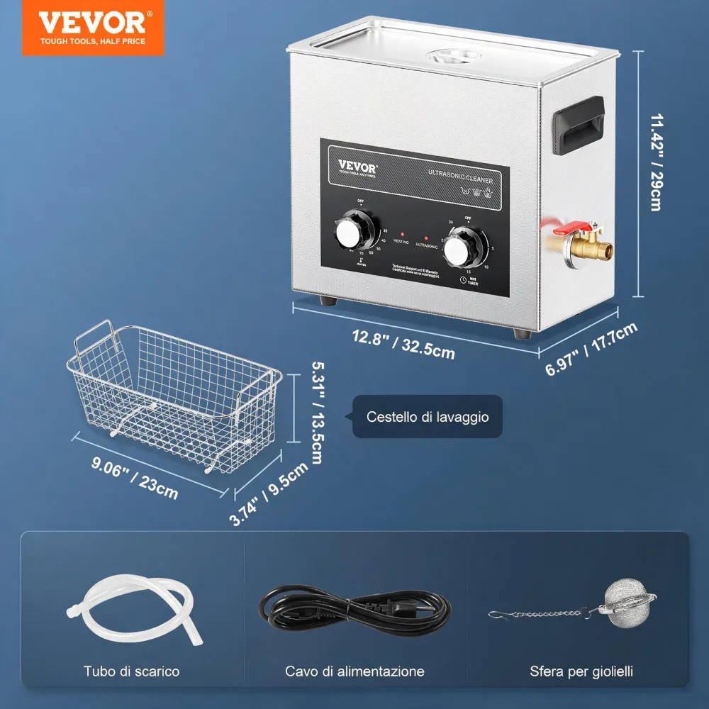 VEVOR Pulitore ad Ultrasuoni 6L con Timer Riscaldante Cestello, Macchina Digitale a Cavitazione Sonica, Pulitrice Ultrasuoni 180 W per Strumenti di Orologi, Occhiali, Monete, Utensili Metallici