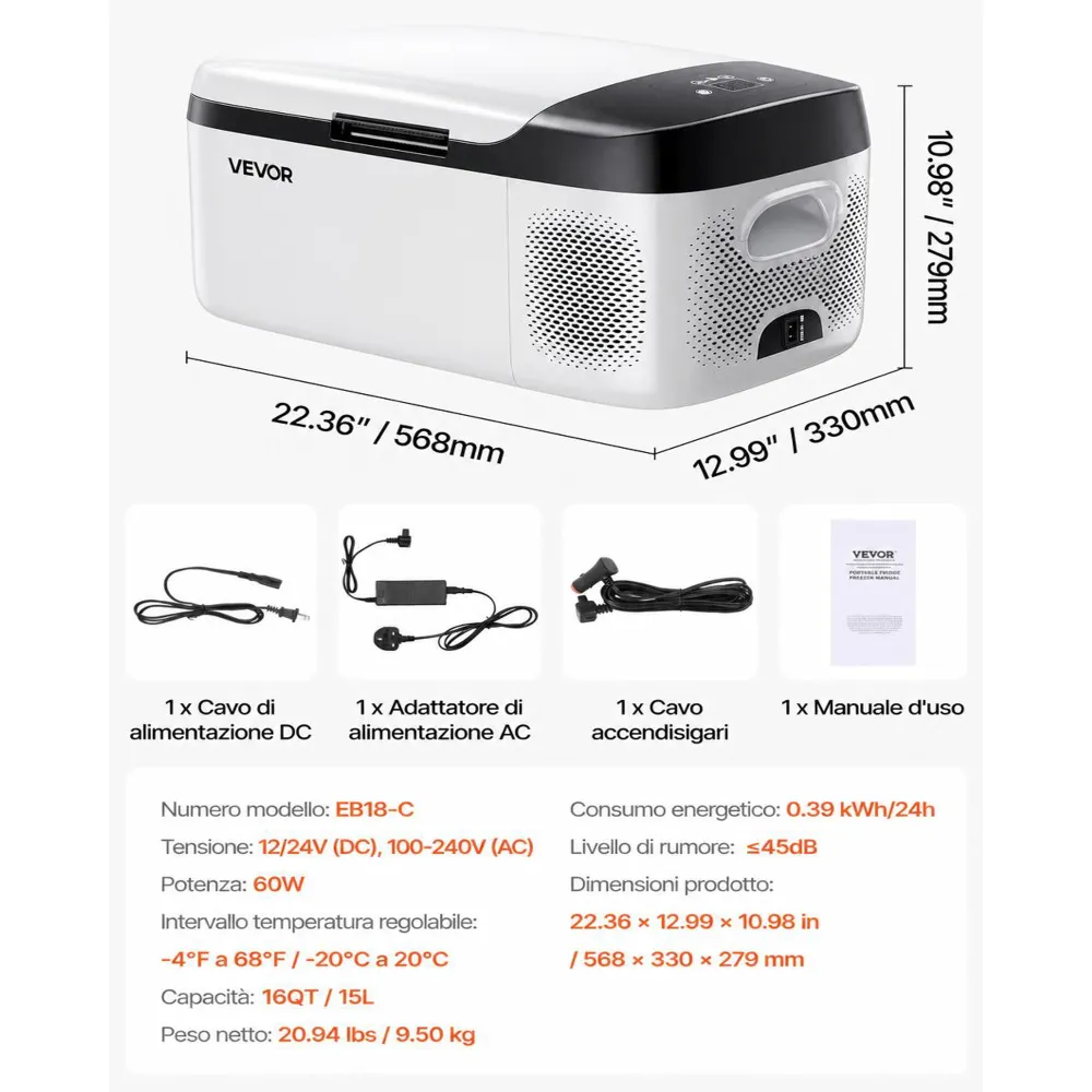 VEVOR Frigorifero Elettrico Portatile per Auto 15 L, Mini Compressore Elettrico  CC 12 V 24 V con Modalità Freddo e Caldo Controllo Tramite App, Design Compatto e Antiurto, per Camper Camion Barca