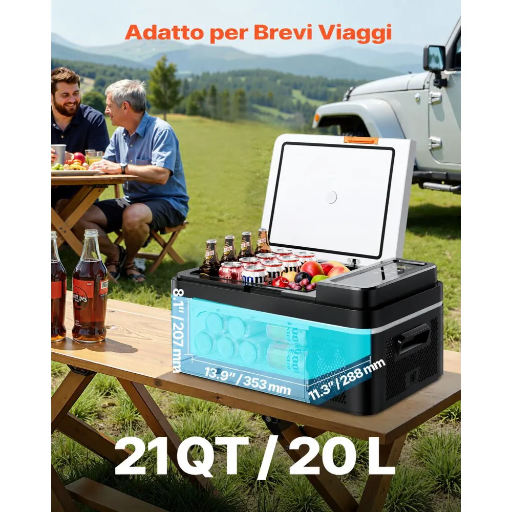 VEVOR Frigorifero Elettrico Portatile per Auto 20 L, Mini Frigo Portatile per Auto, Funzionamento CC 12 V 24 V, CA da 100 V a 240 V, Temperatura Regolabile da -20 °C a 20 °C, per Camper Viaggio Barca