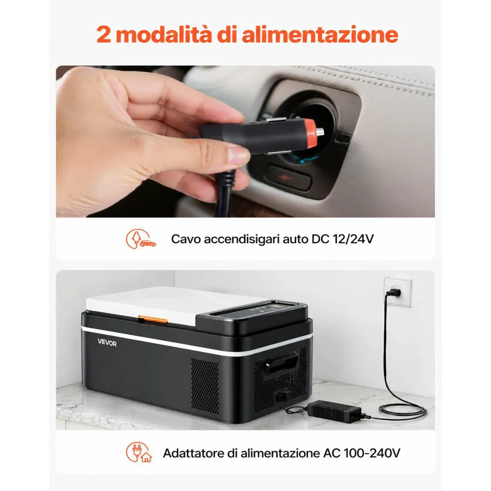 VEVOR Frigorifero Elettrico Portatile per Auto 20 L, Mini Frigo Portatile per Auto, Funzionamento CC 12 V 24 V, CA da 100 V a 240 V, Temperatura Regolabile da -20 °C a 20 °C, per Camper Viaggio Barca