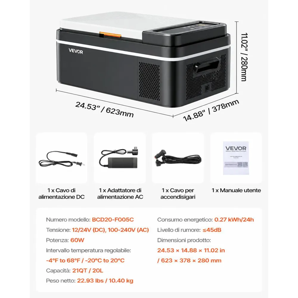 VEVOR Frigorifero Elettrico Portatile per Auto 20 L, Mini Frigo Portatile per Auto, Funzionamento CC 12 V 24 V, CA da 100 V a 240 V, Temperatura Regolabile da -20 °C a 20 °C, per Camper Viaggio Barca