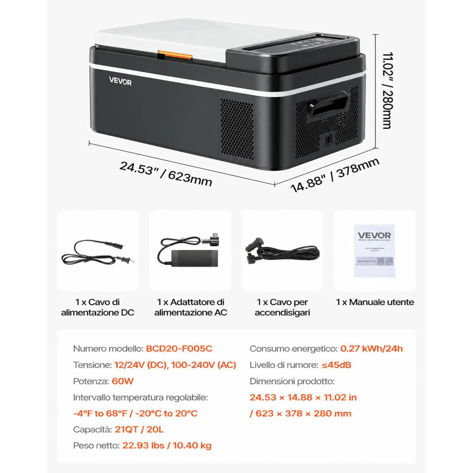 VEVOR Frigorifero Elettrico Portatile per Auto 20 L, Mini Frigo Portatile per Auto, Funzionamento CC 12 V 24 V, CA da 100 V a 240 V, Temperatura Regolabile da -20 °C a 20 °C, per Camper Viaggio Barca