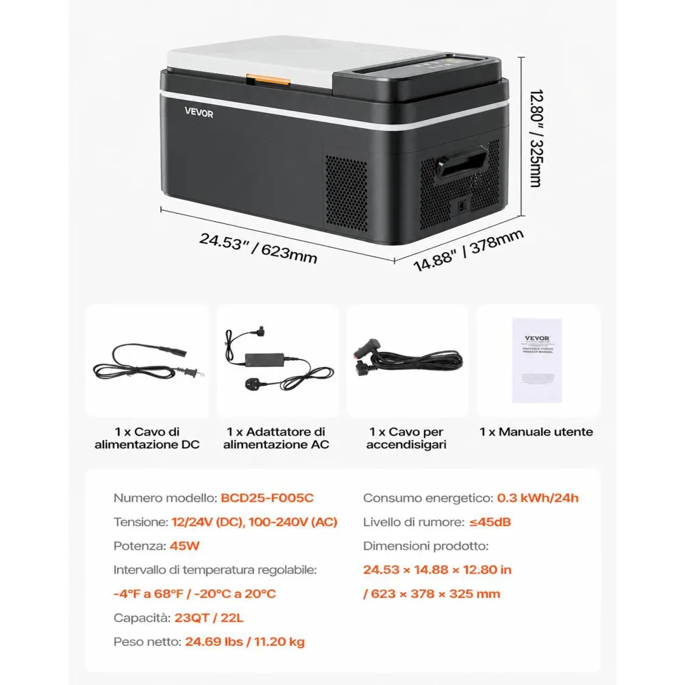 VEVOR Frigorifero Elettrico Protatile per Auto, Mini Frigorifero Portatile Funzione Caldo e Freddo, Capacità 22 L, Funzionamento CC 12V 24V, AC da 100V a 240V, Temperatura Regolabile per Camion Barca