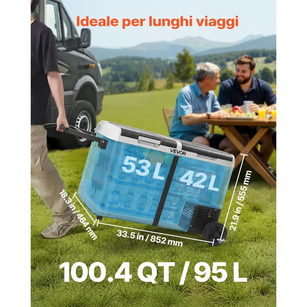 VEVOR Frigorifero per Auto Portatile 70 W con Ruote, Frigo Portatile da Auto Camper per Viaggio Campeggio Picnic BBQ Capienza ca. 95 Litri, Doppia Zona, Frigorifero con Ruote Maniglia a Compressore