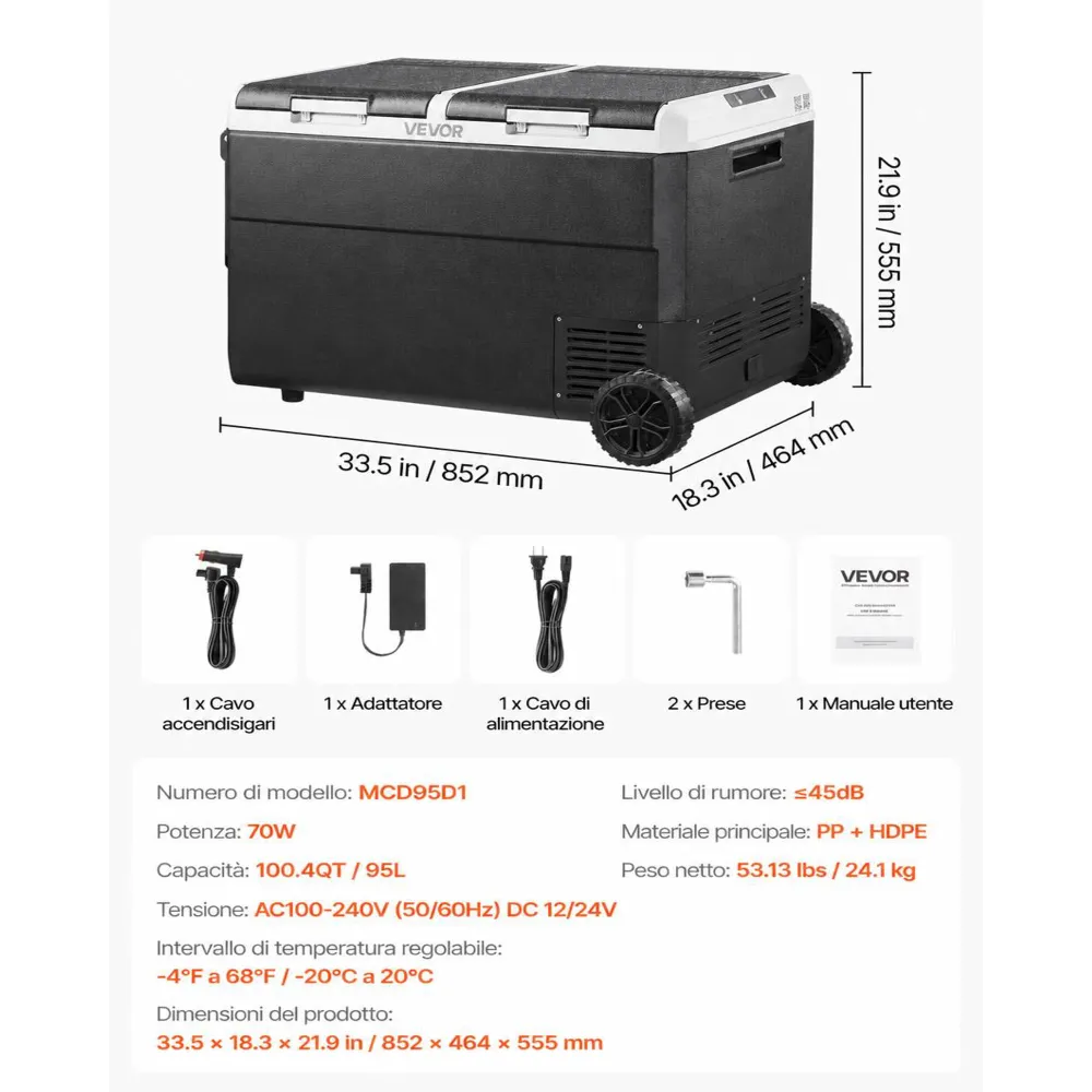 VEVOR Frigorifero per Auto Portatile 70 W con Ruote, Frigo Portatile da Auto Camper per Viaggio Campeggio Picnic BBQ Capienza ca. 95 Litri, Doppia Zona, Frigorifero con Ruote Maniglia a Compressore