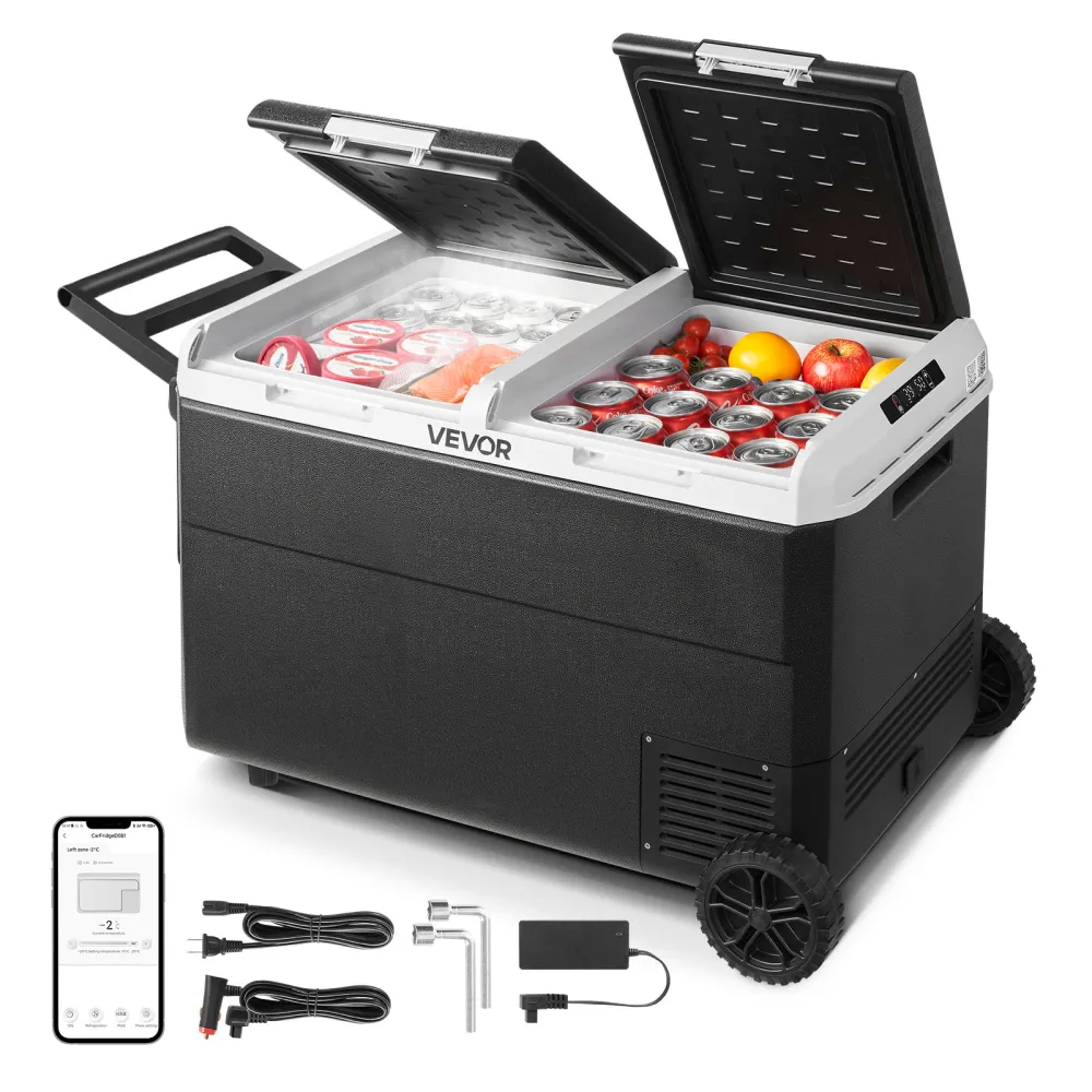 VEVOR Frigorifero per Auto Portatile 70 W con Ruote, Frigo Portatile da Auto Camper per Viaggio Campeggio Picnic BBQ Capienza ca. 95 Litri, Doppia Zona, Frigorifero con Ruote Maniglia a Compressore