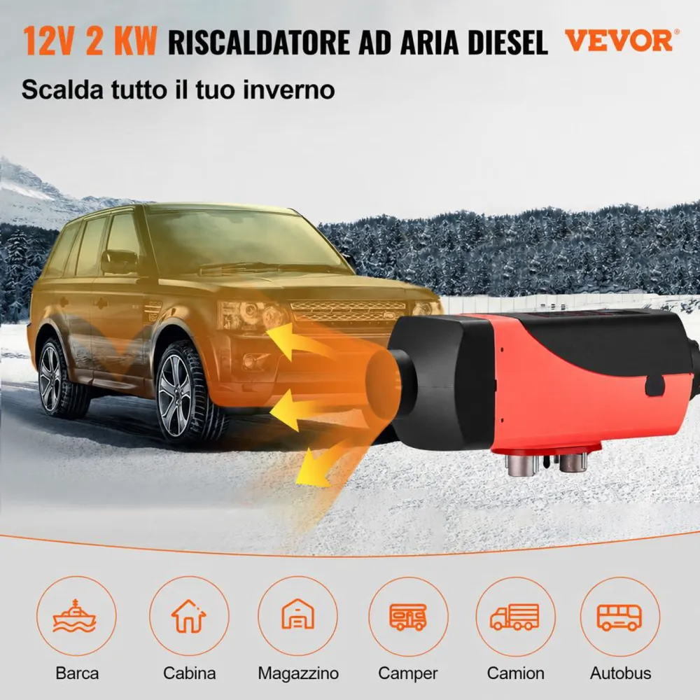 VEVOR Riscaldatore ad Aria Diesel 12V 2KW Riscaldatore Diesel da Parcheggio a Carburante con Silenziatore Serbatoio da 10 Litri, Interruttore LCD per Auto, Autobus, Camper, Camion