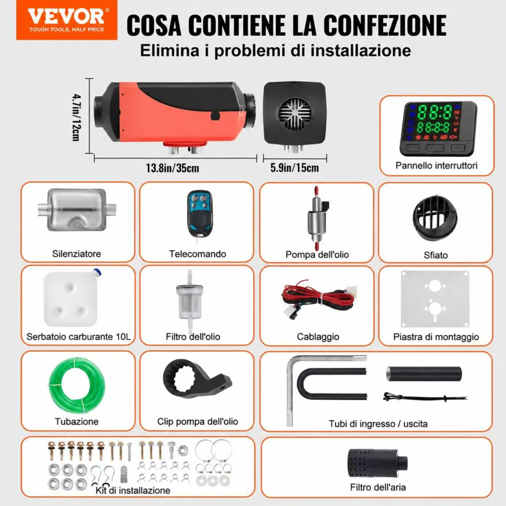 VEVOR Riscaldatore ad Aria Diesel 12V 2KW Riscaldatore Diesel da Parcheggio a Carburante con Silenziatore Serbatoio da 10 Litri, Interruttore LCD per Auto, Autobus, Camper, Camion