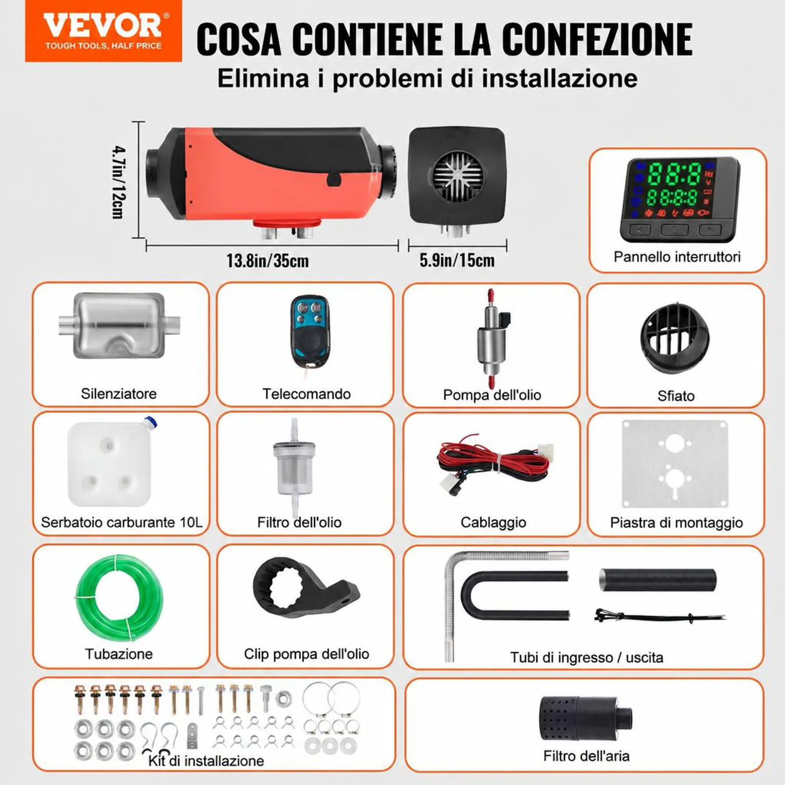 VEVOR Riscaldatore ad Aria Diesel 12V 2KW Riscaldatore Diesel da Parcheggio a Carburante con Silenziatore Serbatoio da 10 Litri, Interruttore LCD per Auto, Autobus, Camper, Camion