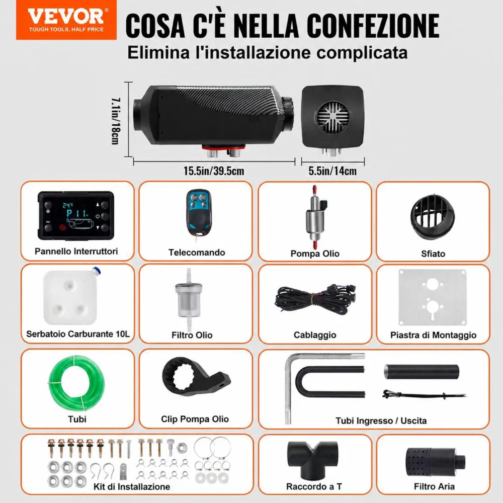 VEVOR Riscaldatore ad Aria Diesel da Parcheggio Riscaldatore per Auto 12V 5-8KW a Carburante con Interruttore LCD con Telecomando e Kit di Accessori per Camion Roulotte Camper Autobus