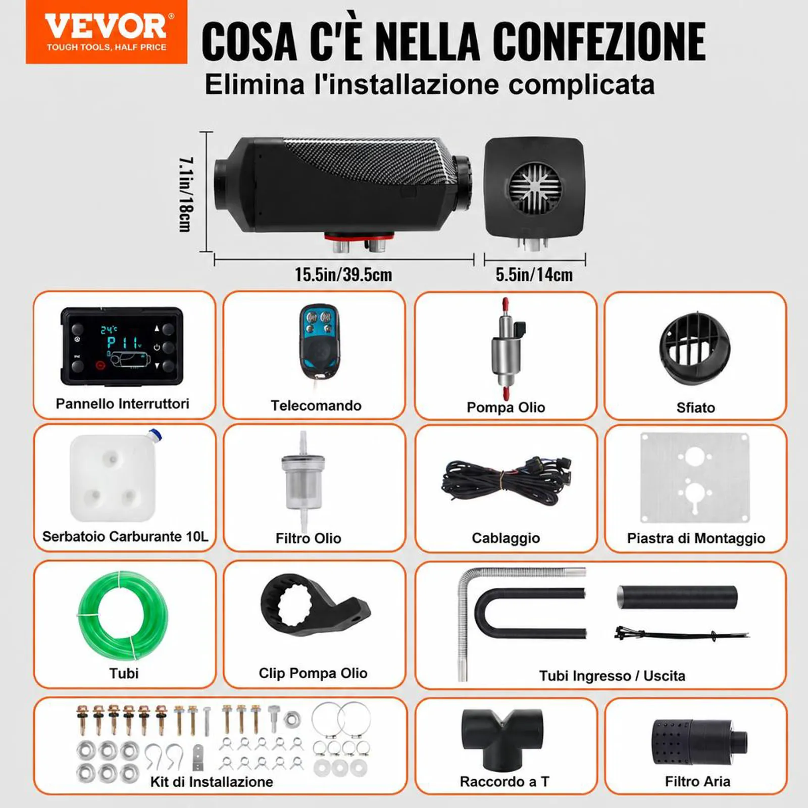 VEVOR Riscaldatore ad Aria Diesel da Parcheggio Riscaldatore per Auto 12V 5-8KW a Carburante con Interruttore LCD con Telecomando e Kit di Accessori per Camion Roulotte Camper Autobus
