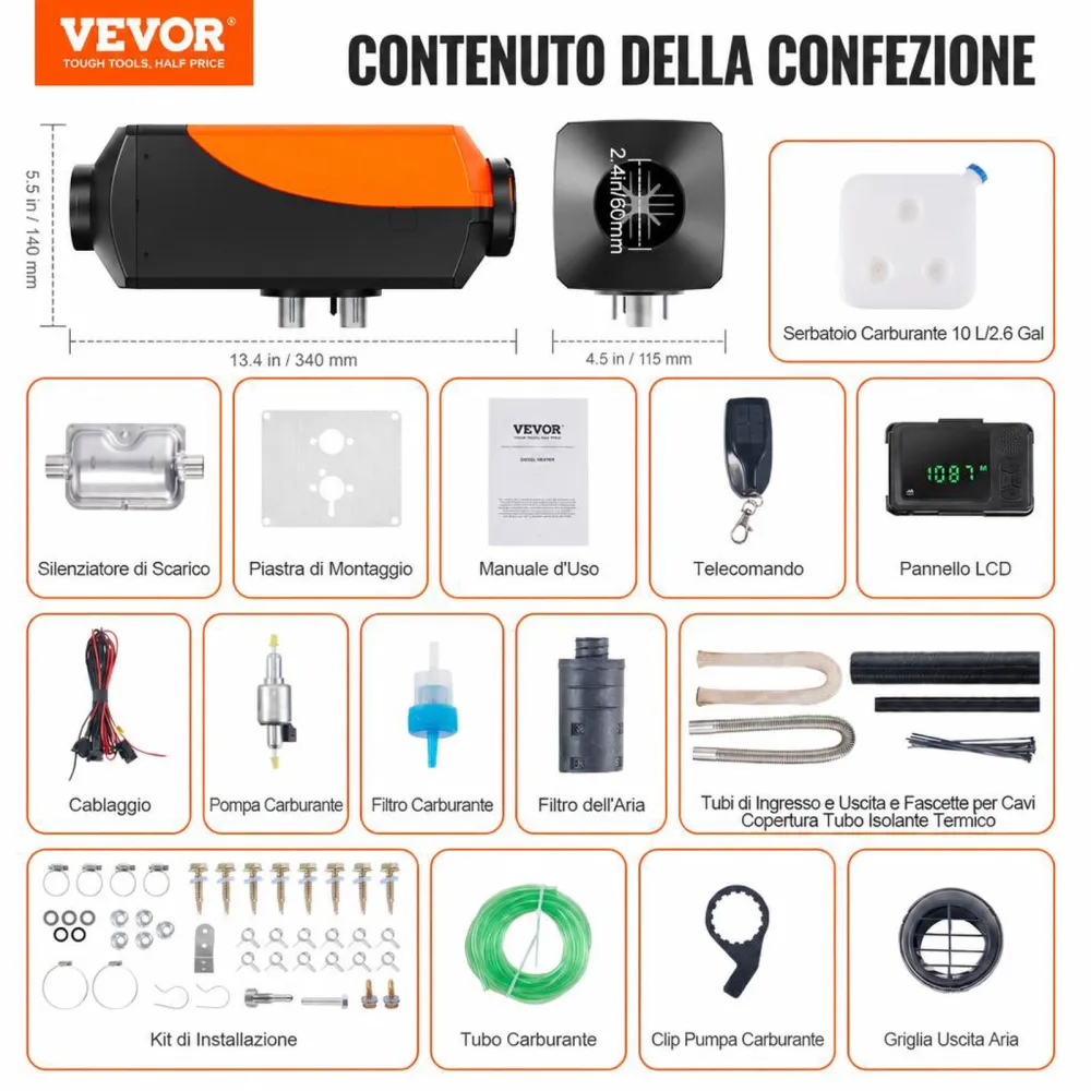 VEVOR Riscaldatore d'Aria Diesel per Auto Camper Camion RV 12V 2KW Temperatura Regolabile 8℃-36℃ Controllo Bluetooth, Riscaldatore da Parcheggio per Auto Consumo di Carburante 0,12-0,26L/h BTU 10-15m²