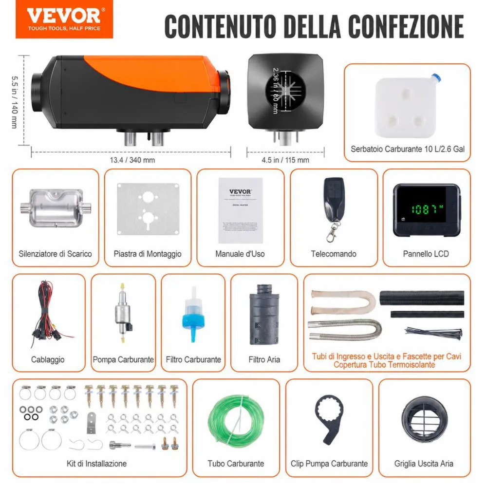 VEVOR Riscaldatore d'Aria Diesel per Auto Camper Camion RV 12&24V 2KW Temperatura Regolabile 8℃ -36℃ Controllo Remoto, Riscaldatore da Parcheggio per Auto Consumo di Carburante 0,16-0,26L/h BTU 10-15m²