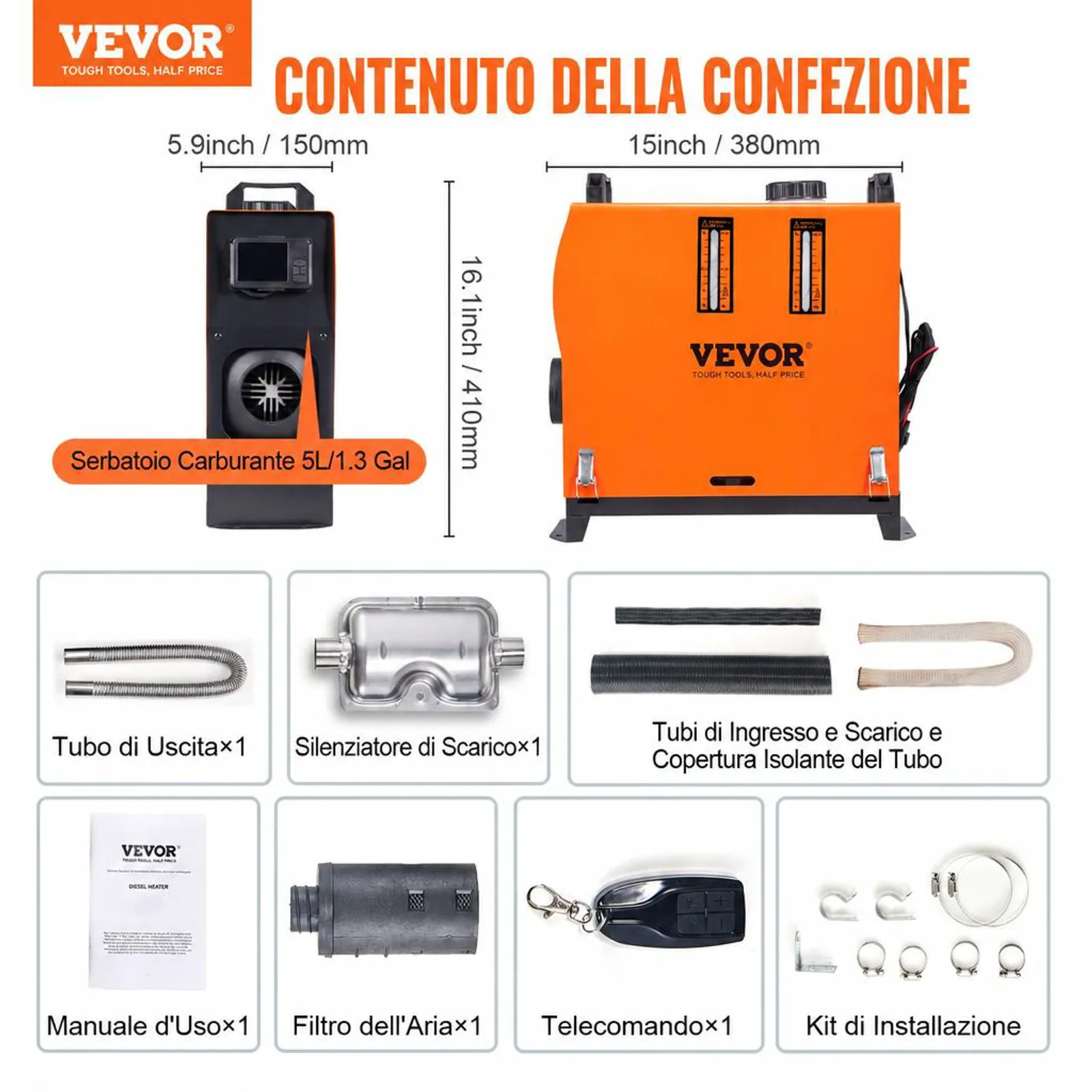 VEVOR Riscaldatore d'Aria Diesel All-in-One per Auto Camper Camion RV 12V 5-8KW Temperatura Regolabile 8℃-36℃ Controllo Bluetooth, Riscaldatore da Parcheggio per Auto Consumo di Carburante 0,16-0,62L/h