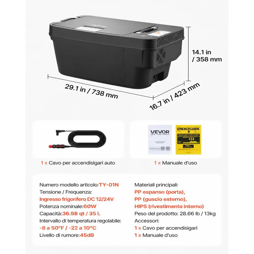 VEVOR Frigorifero a Compressore per Auto, Frigorifero 35L Compatibile per Tesla Model Y Congelatore Portatile Controllo APP 12V/24V DC, da -22℃ a 10℃, Frigo Elettrico Congelatore per Campeggio