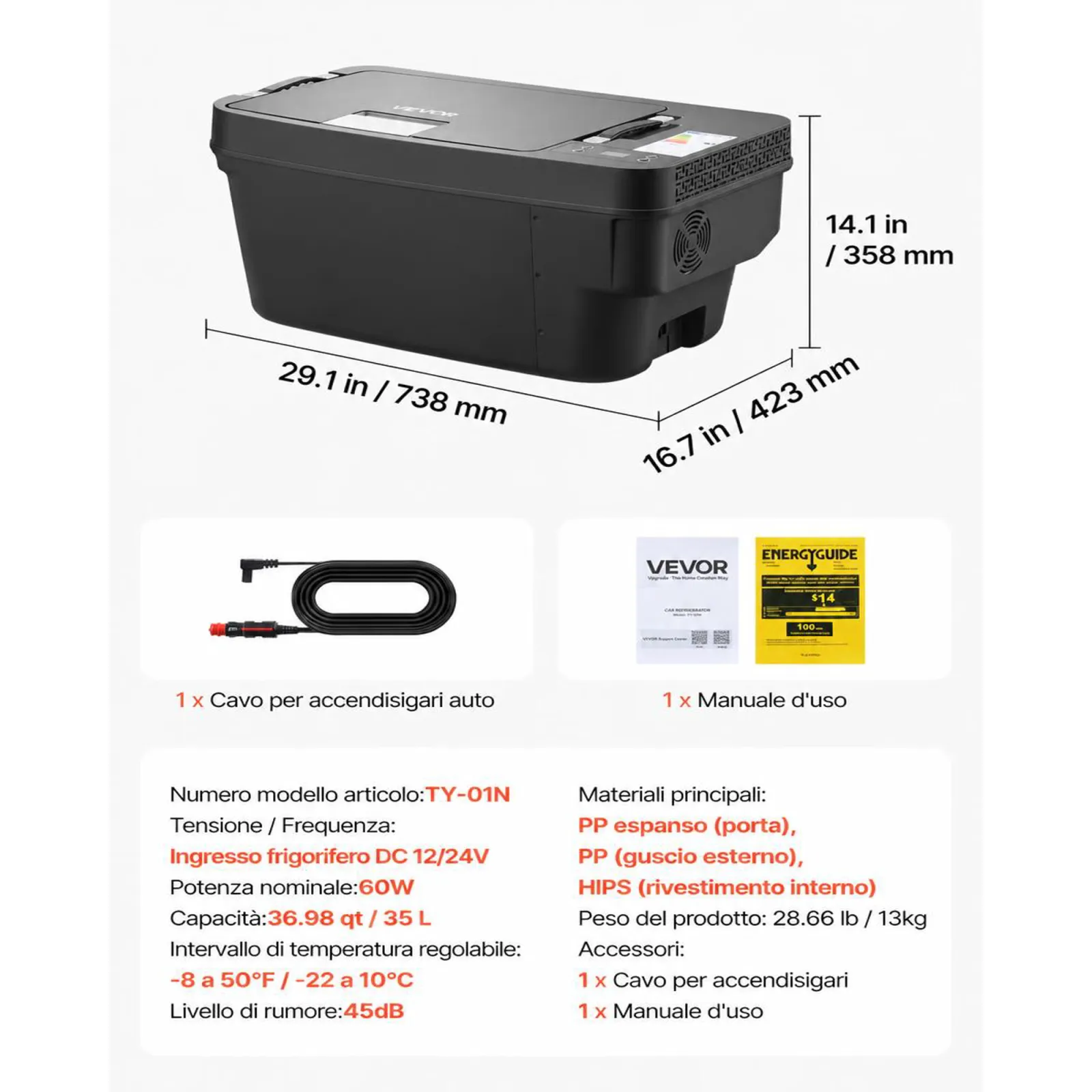 VEVOR Frigorifero a Compressore per Auto, Frigorifero 35L Compatibile per Tesla Model Y Congelatore Portatile Controllo APP 12V/24V DC, da -22℃ a 10℃, Frigo Elettrico Congelatore per Campeggio