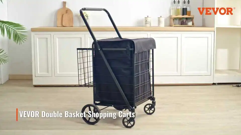 Carrito de compras plegable VEVOR: Procedimiento de montaje en 3 pasos explicado, carrito fácil de guardar con 4 ruedas resistentes, fabricado en metal robusto con diseño de doble cesta.