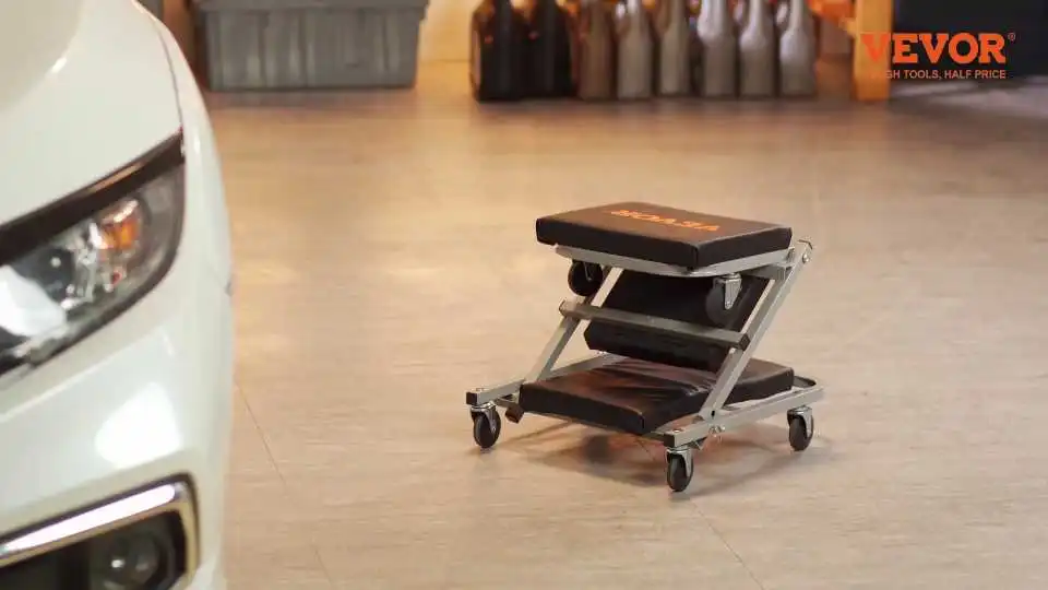 VEVOR Rollhocker für Mechaniker – Videodemonstration dieses robusten 2-in-1 Rollhockers für Mechaniker mit dicker Stahlrohrkonstruktion, der bis zu 136 kg tragen kann