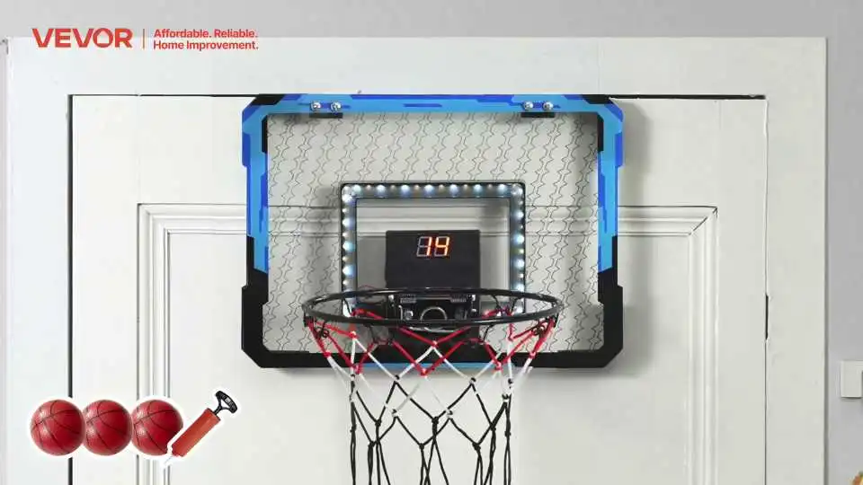 VEVOR Basketbalring voor kinderen - Videodemonstratie van deze mini-basketbalring met elektronische sensor en led-licht, met een opvouwbaar ontwerp, perfect voor gebruik binnenshuis