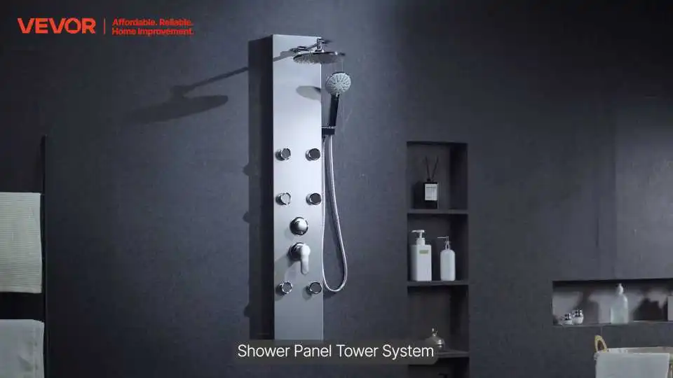 VEVOR Duschsystem-Panel-Videodemonstration – Sehen Sie sich die Eigenschaften und Installationsdetails dieses einfach einzurichtenden LED-Duschkopfs mit 5-Funktionsarmaturen in robuster Bauweise an.