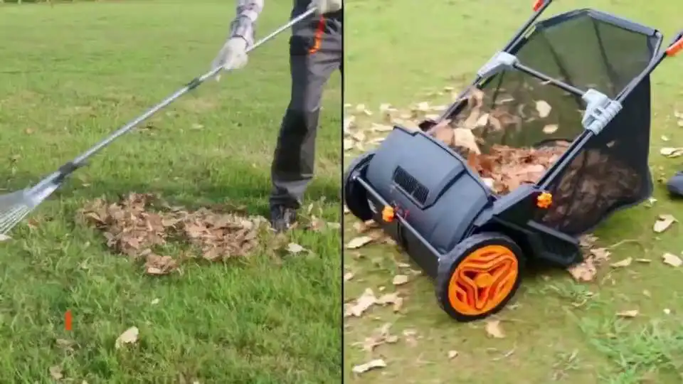 Bekijk hoe de VEVOR duwgrasveger bladeren verzamelt met een grote opvangbak, duurzame wielen en dubbele borstels voor snelle en efficiënte gazonopruiming