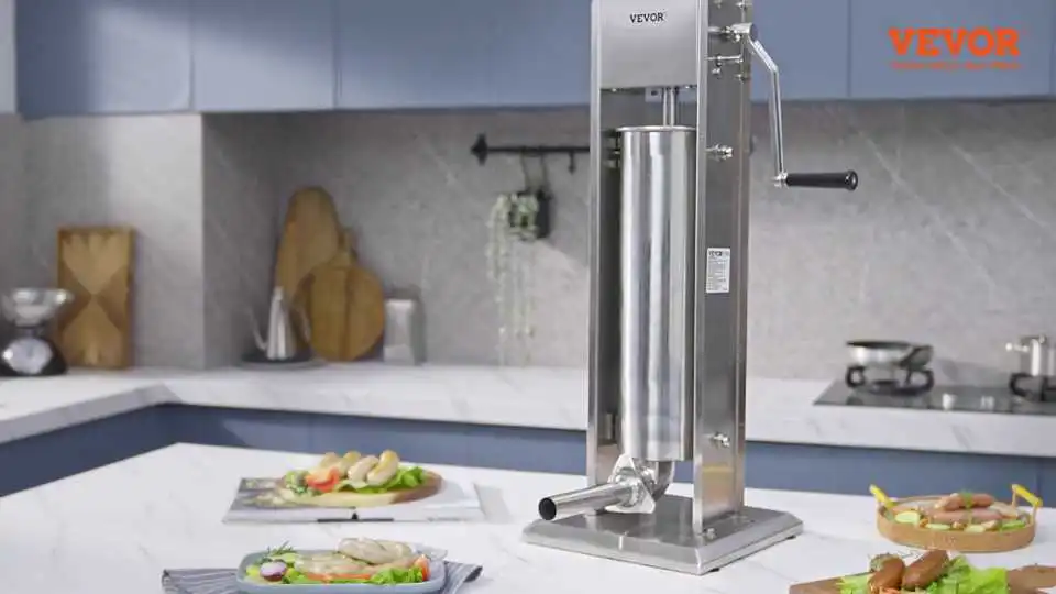 Productonderdelen en -functies Demo: Overzicht van de VEVOR-worstvulmachine met alle meegeleverde hulpstukken en prestatievoordelen voor elke keuken