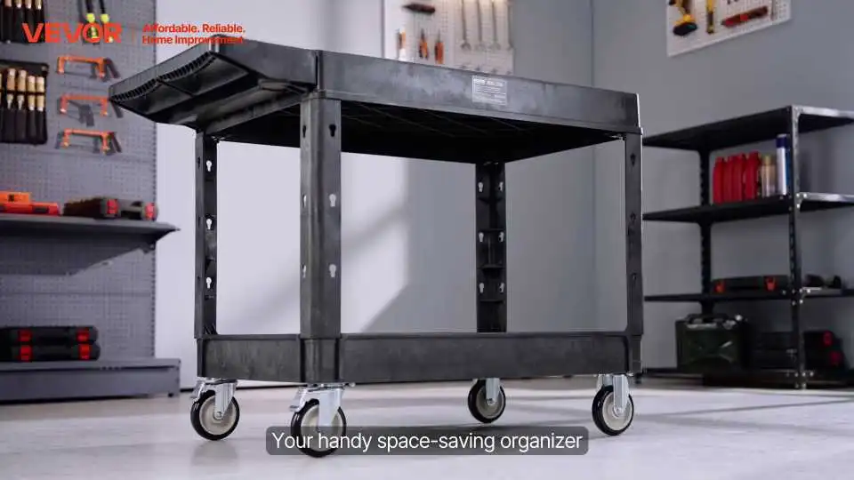 VEVOR kunststof gereedschapswagen met wielen: Bekijk hoe deze robuuste opslagoplossing met 2 lagen een capaciteit van 272 kg en moeiteloze mobiliteit biedt