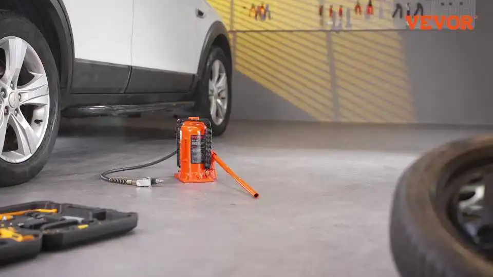 Bekijk hoe de VEVOR 20 Ton Luchthydraulische Fleskrik een zware hefkracht levert met handmatige en pneumatische bediening voor vrachtwagens en industrieel gebruik