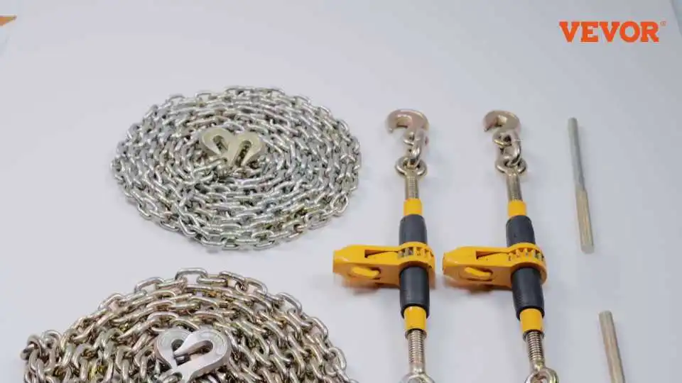 Vea cómo los tensores de carga de trinquete de alta resistencia VEVOR aseguran las cadenas con un trinquete sin esfuerzo para remolques, camiones y operaciones de transporte pesado.
