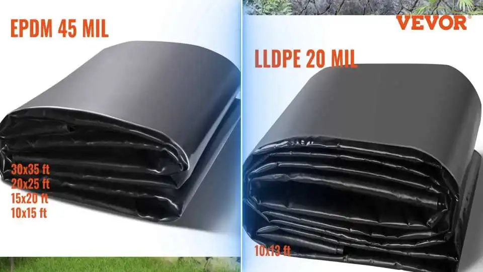 Bekijk hoe de VEVOR 45 Mil EPDM-rubberen vijverfolie lekvrije duurzaamheid en eenvoudige installatie biedt voor vijvers en watertuinen