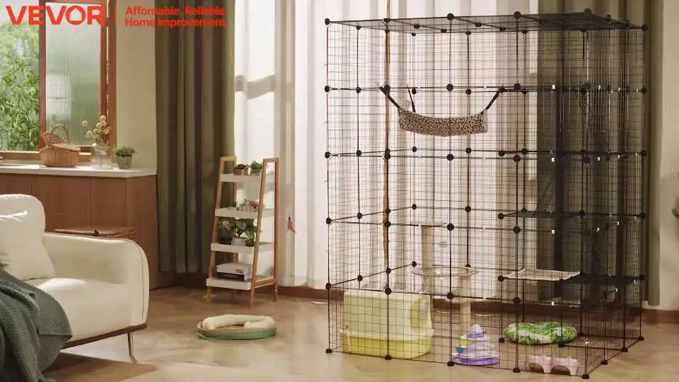 Step-by-step guide showcasing VEVOR Large Indoor Cat Cage assembly, usage, and multi-level pet-friendly features