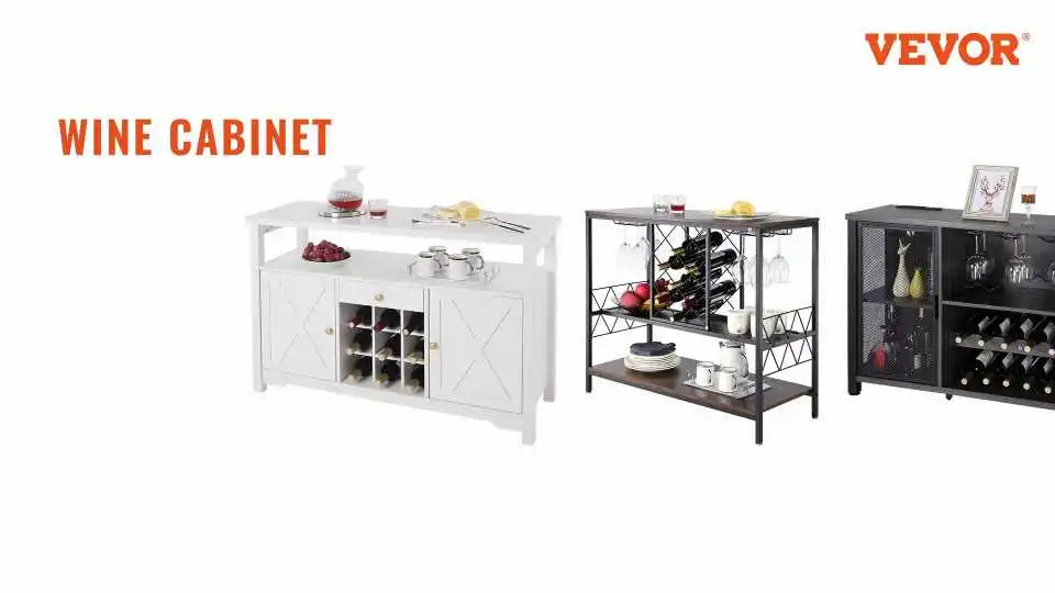 Vea el mueble bar industrial VEVOR en acción: gran capacidad, estilo moderno y almacenamiento perfecto para fiestas y salas de estar.