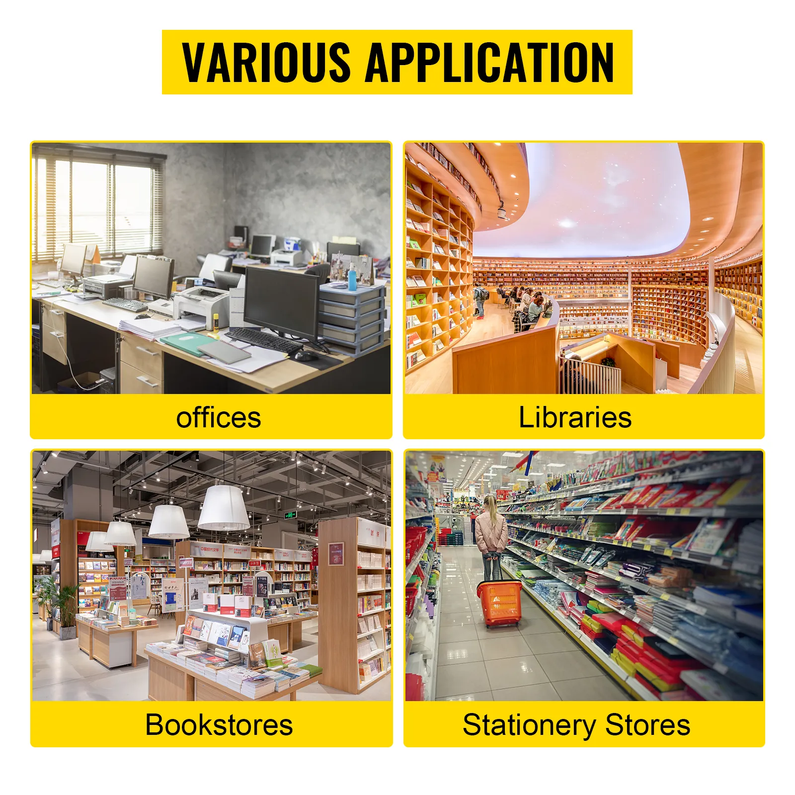 Varias aplicaciones para la máquina encuadernadora de libros con pegamento inalámbrico VEVOR: oficinas, bibliotecas, librerías y papelerías.