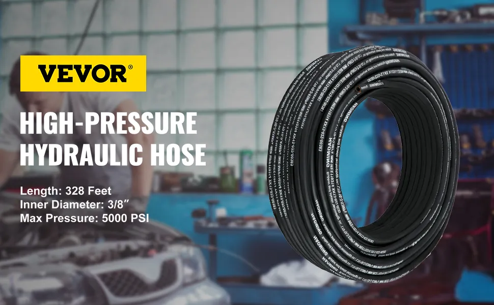VEVOR hydraulic hose - 328 ft, 3/8" id, 5000 psi, coiled hose in workshop setting.