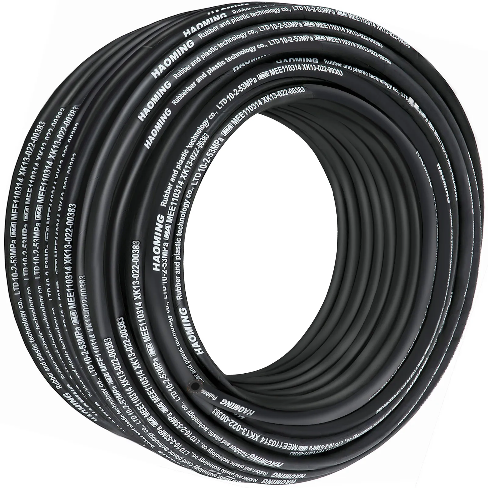 Manguera hidráulica VEVOR en espiral negra con marcas blancas y texto de marca.