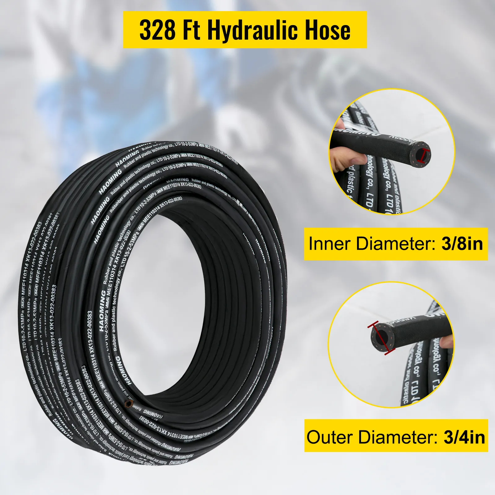 VEVOR hydraulic hose 328 ft, inner diameter: 3/8in, outer diameter: 3/4in.
