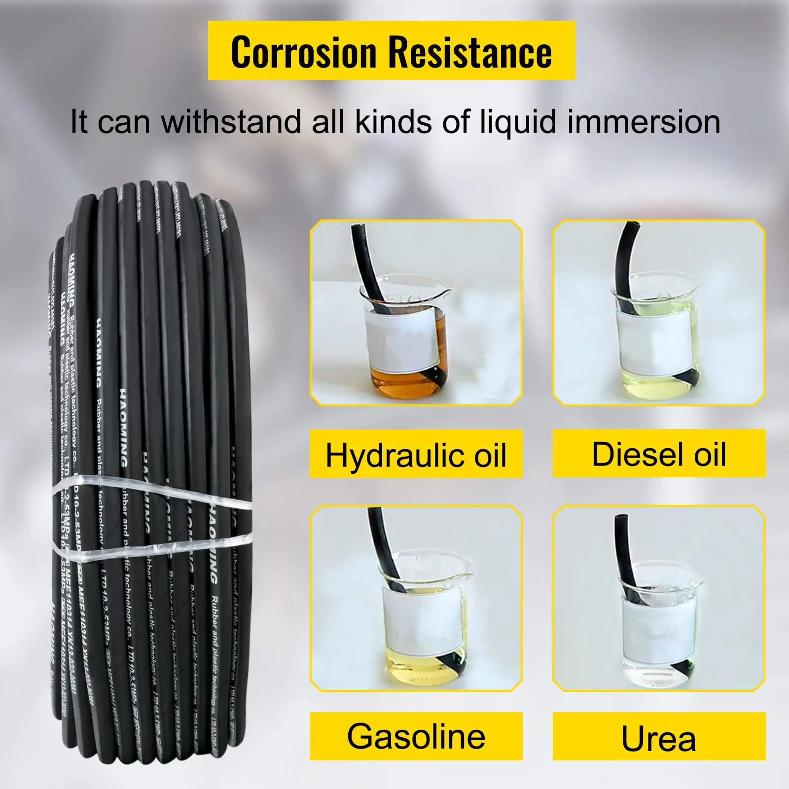 VEVOR hydraulic hose showcasing corrosion resistance in various liquids: hydraulic oil, diesel oil, gasoline, and urea.