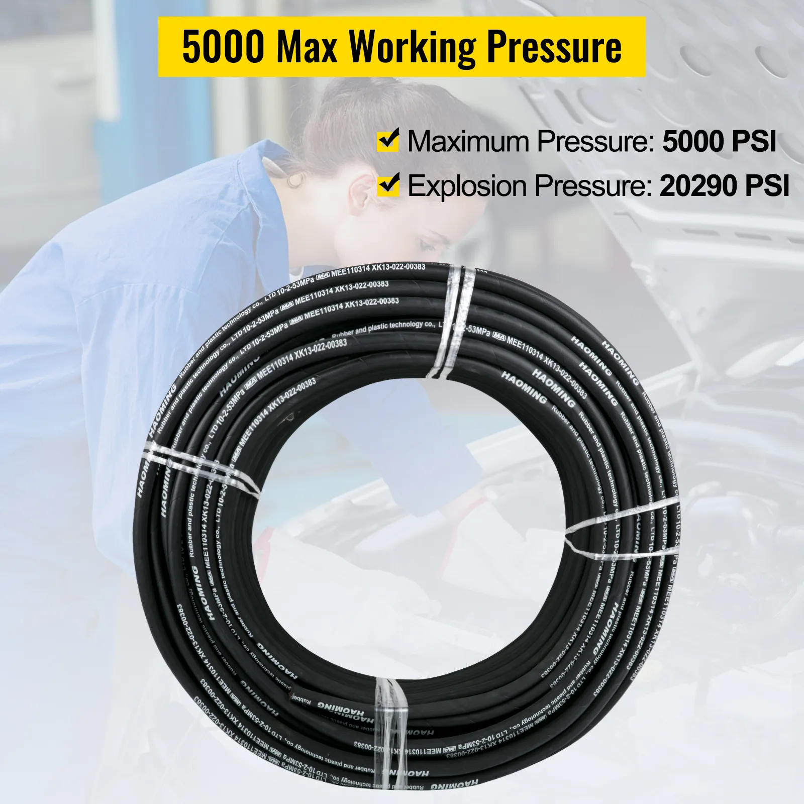 VEVOR hydraulic hose coiled with 5000 psi maximum pressure rating and 20290 psi explosion rating.
