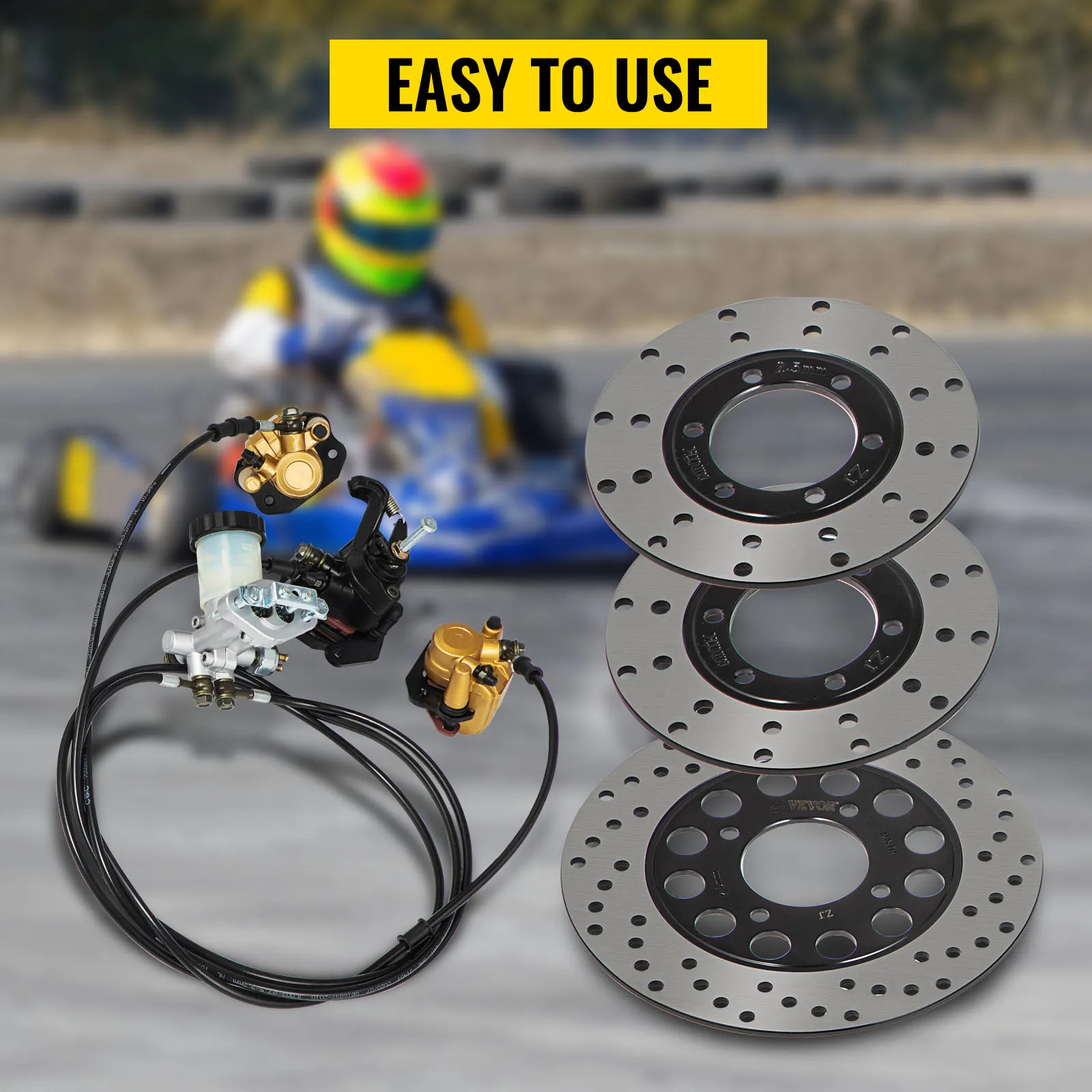VEVOR go-kart brake master cylinder kit with discs, go-kart racer in the background.