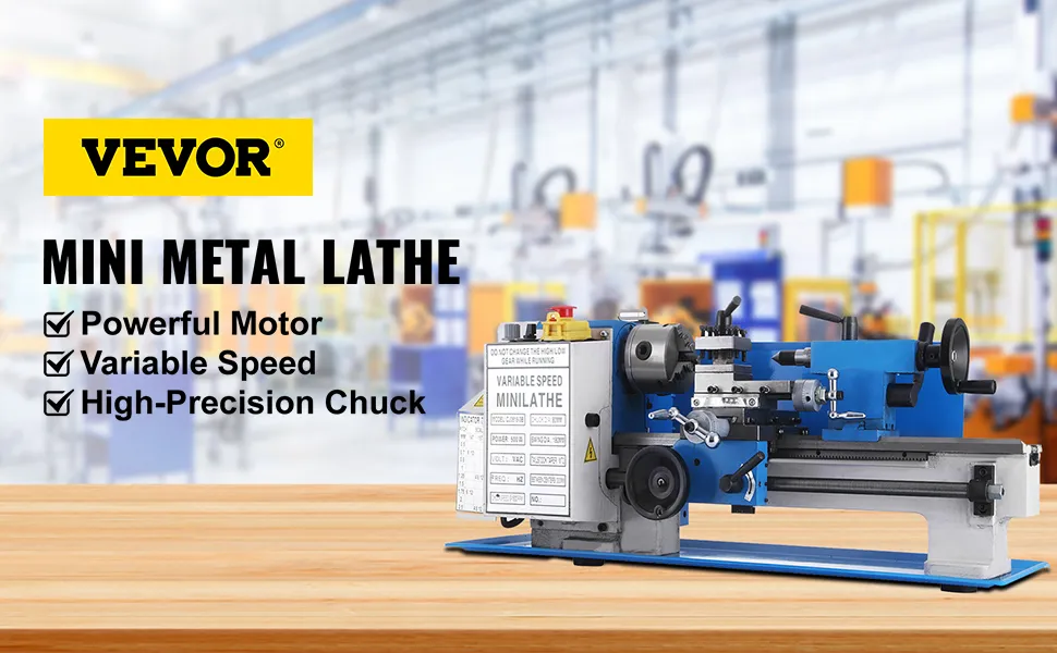 Mini torno de metal VEVOR con potente motor, velocidad variable y mandril de alta precisión.