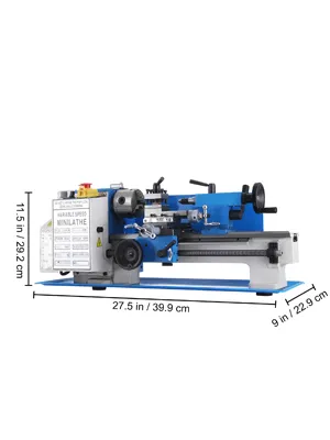 Mini torno de metal VEVOR con medidas, diseño azul y plata.