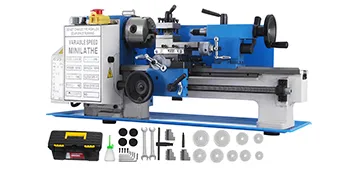 Mini torno de metal VEVOR exhibido con kit de herramientas y accesorios.
