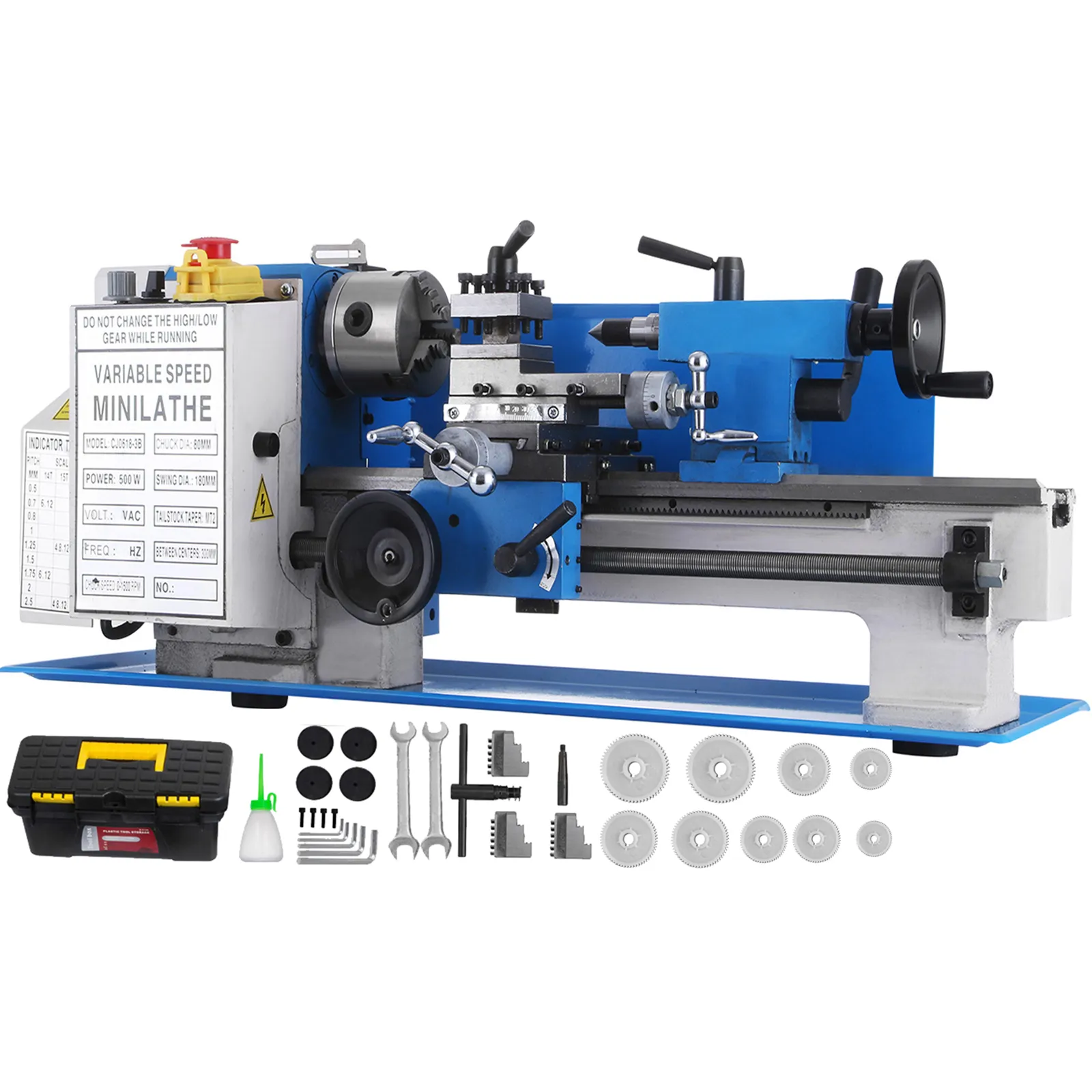 Mini torno de metal VEVOR con velocidad variable y juego completo de accesorios.