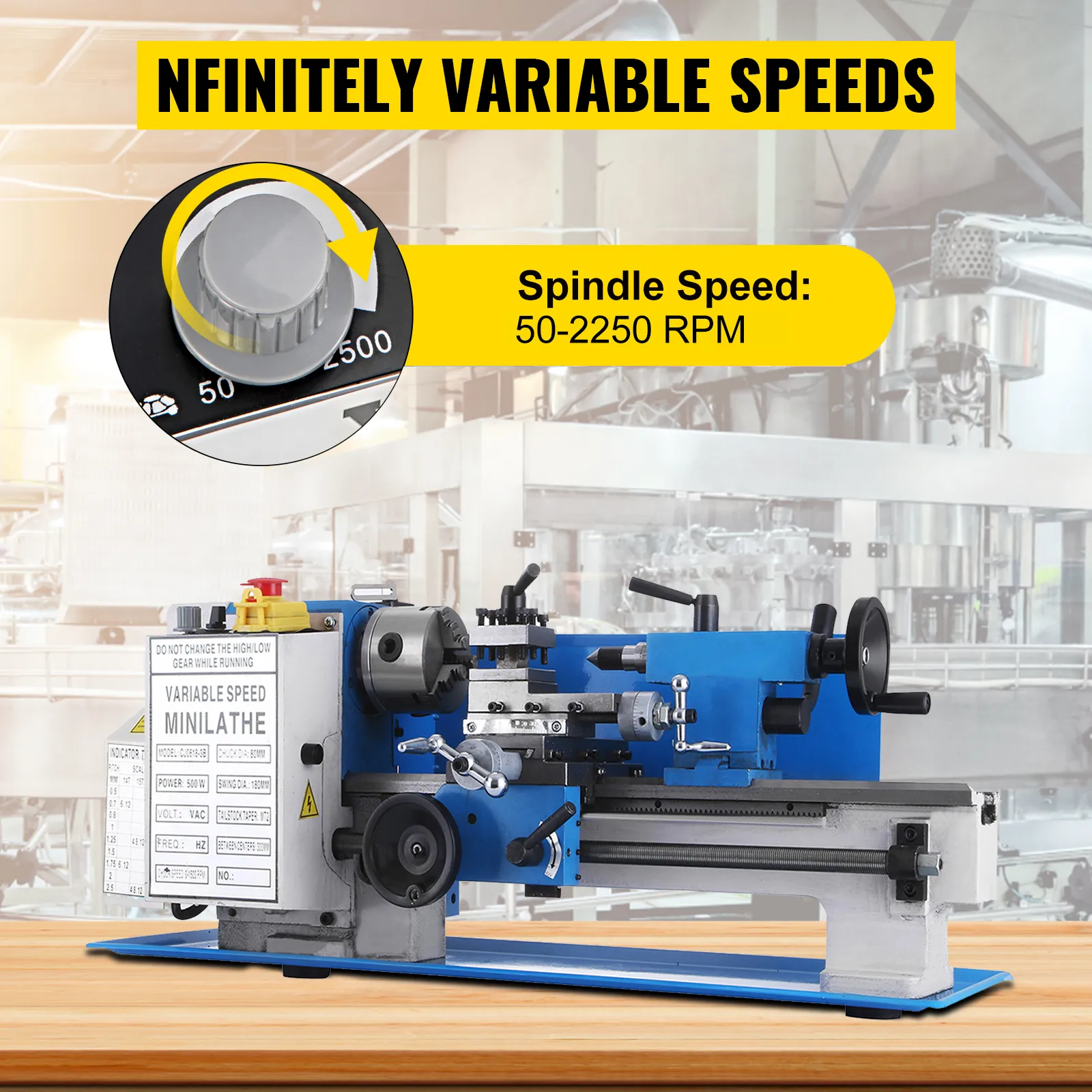Mini torno de metal VEVOR con velocidades infinitamente variables, velocidad del husillo 50-2250 rpm.
