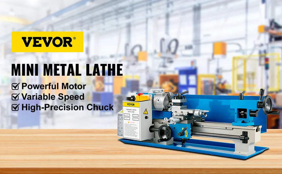 Torno de metal VEVOR con potente motor, velocidad variable y mandril de alta precisión.