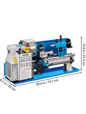 Torno de metal VEVOR, máquina compacta de color azul y gris con dimensiones etiquetadas.