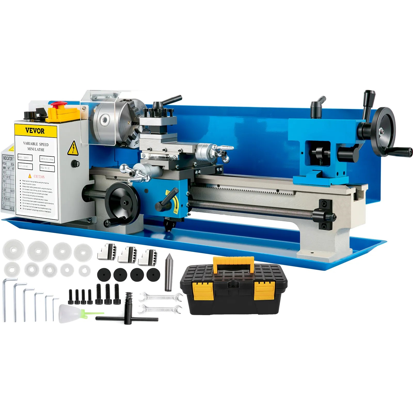 Torno de metal VEVOR con accesorios, herramientas y caja de herramientas incluidas.