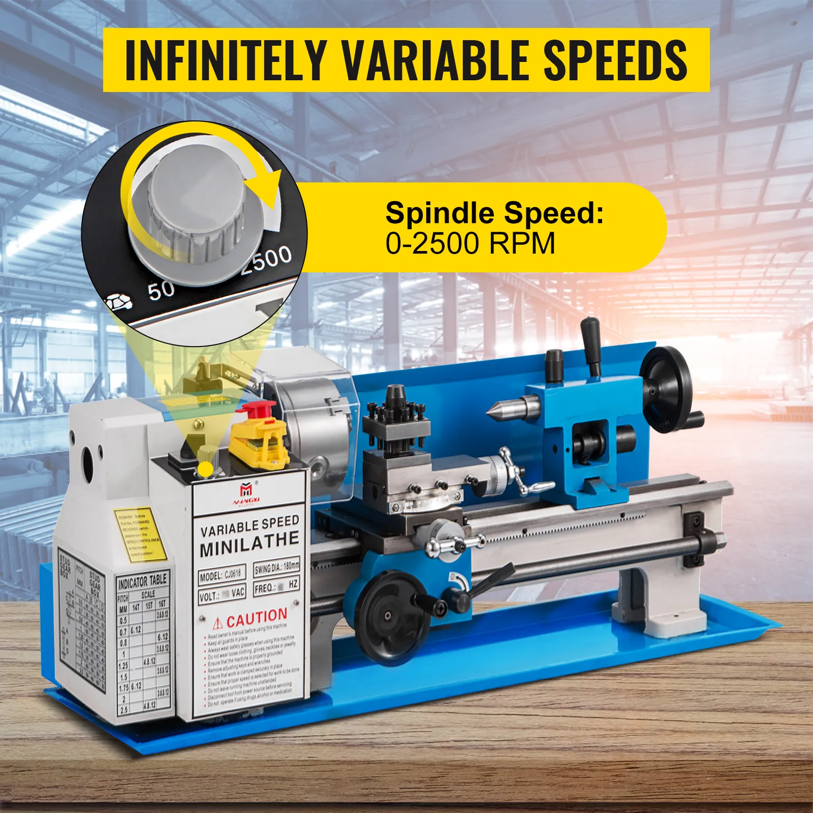 Torno de metal VEVOR con velocidades infinitamente variables, velocidad del husillo 0-2500 rpm.