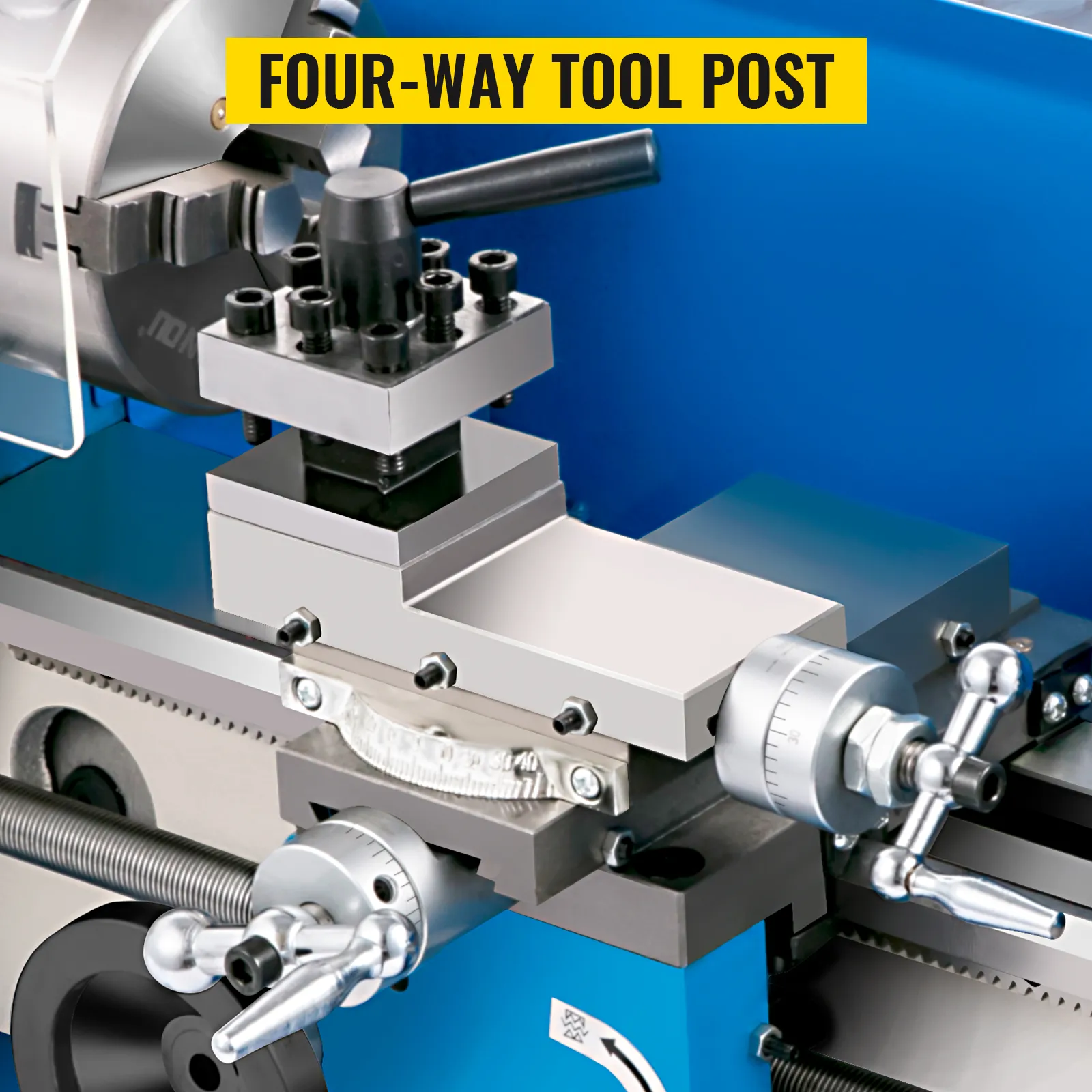 Torno de metal VEVOR con portaherramientas de cuatro direcciones y dial de ajuste de precisión.