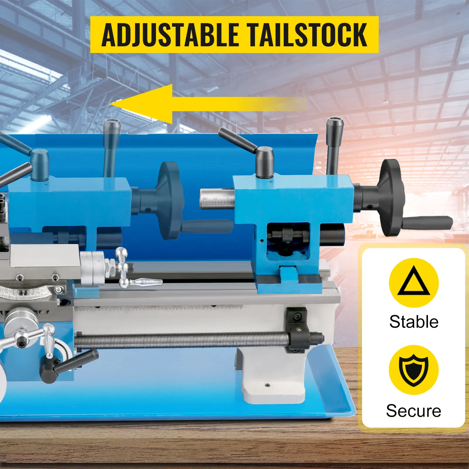 Torno de metal VEVOR con contrapunto ajustable para un funcionamiento estable y seguro.